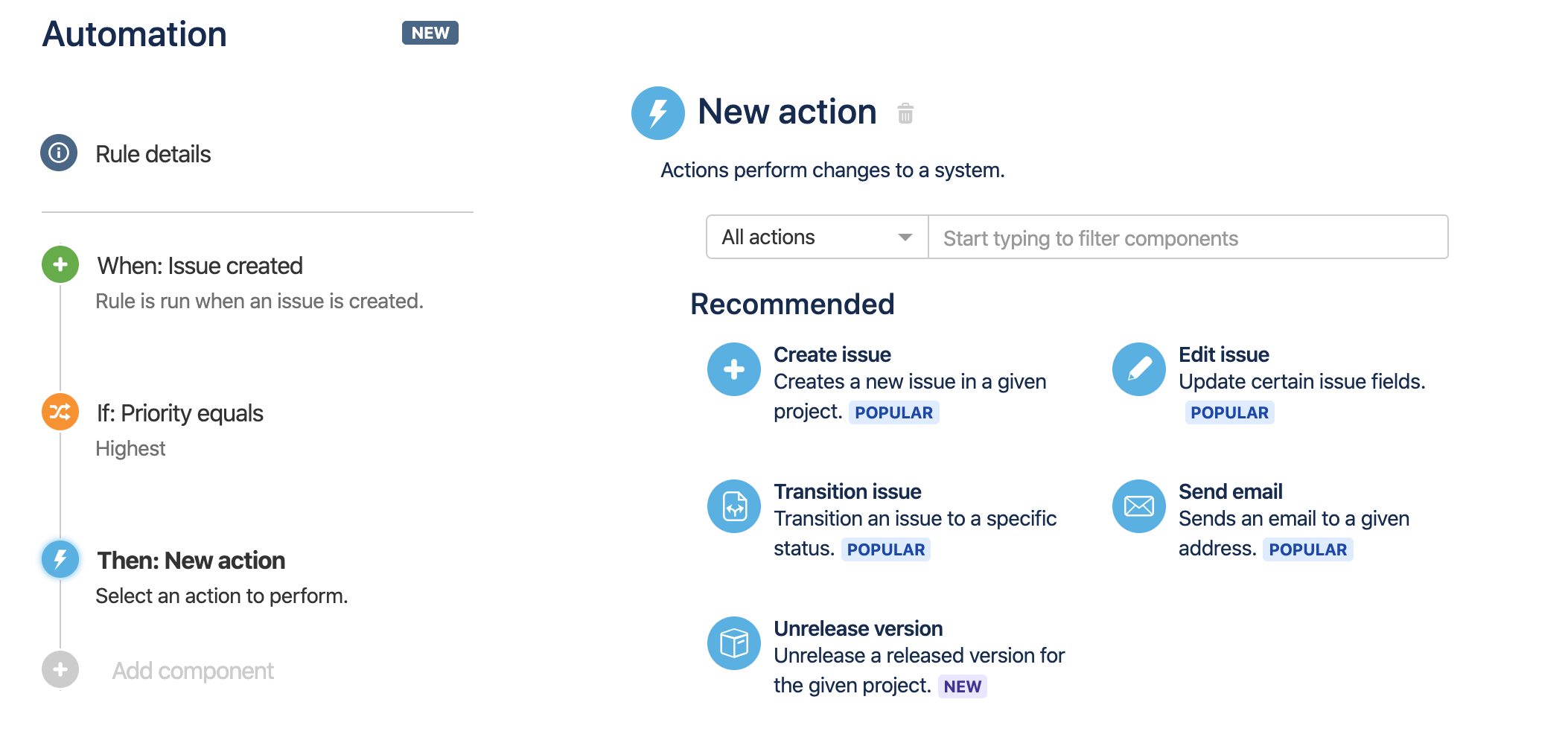 The list of actions available when creating a rule.