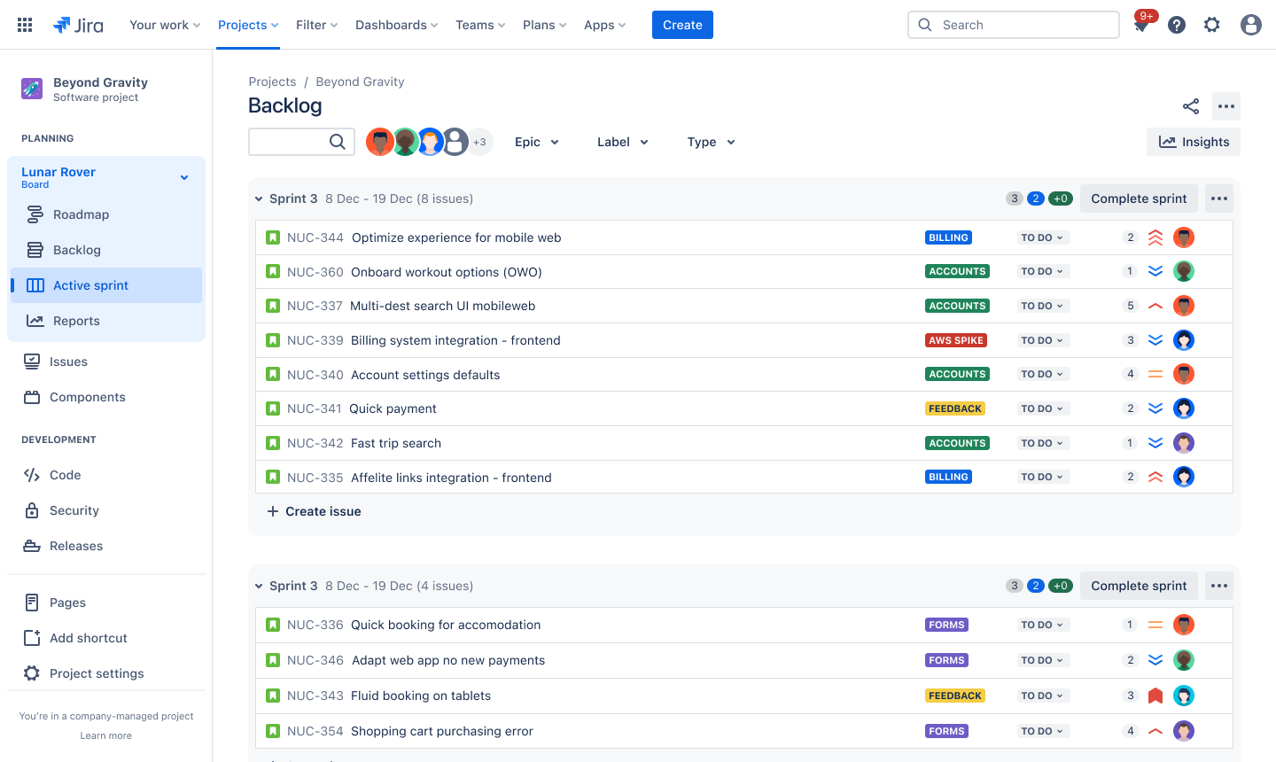 Board view of a kanban project in Jira