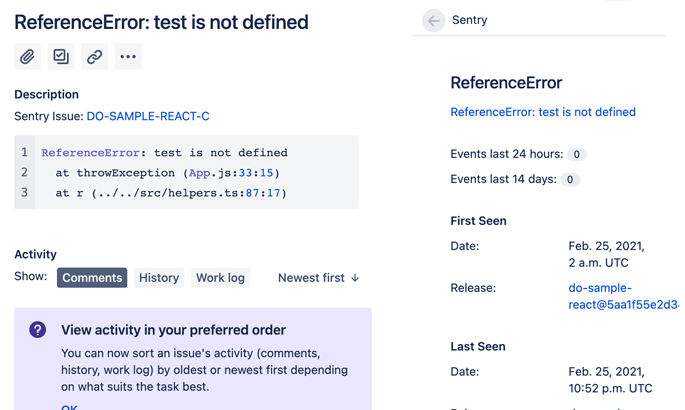 Sentry error data displayed in Jira Issue