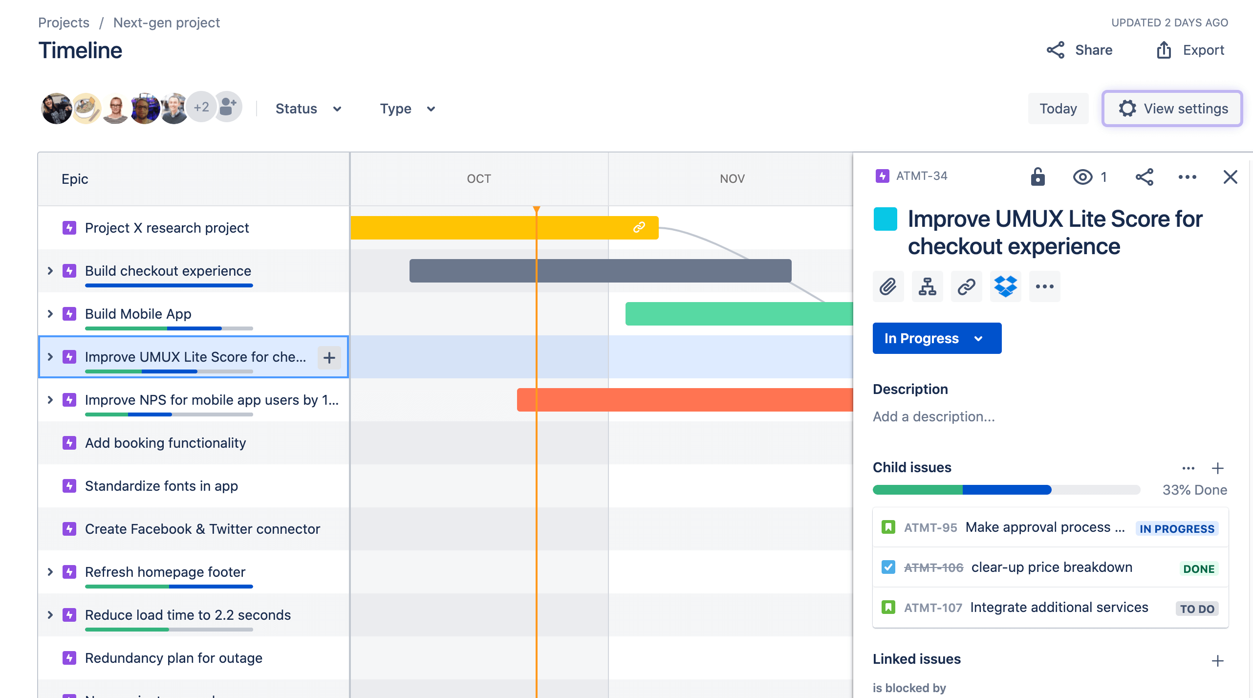 Jira Software의 타임라인 보기에서 에픽의 이슈 세부 정보 보기