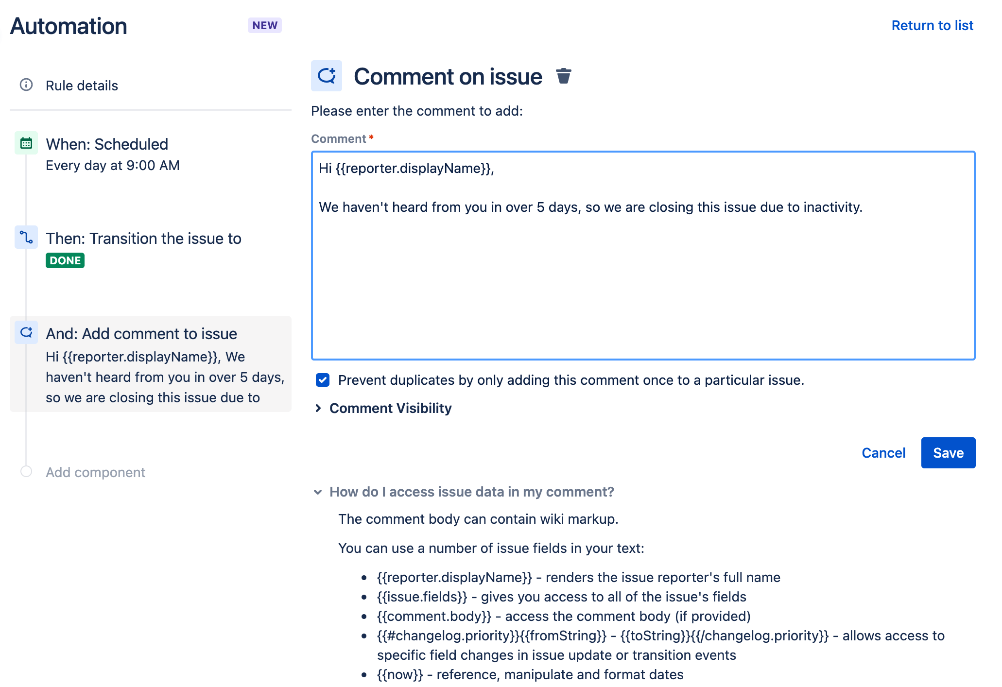 Automatisches Hinzufügen von Kommentaren zu Vorgängen in Jira Service Management