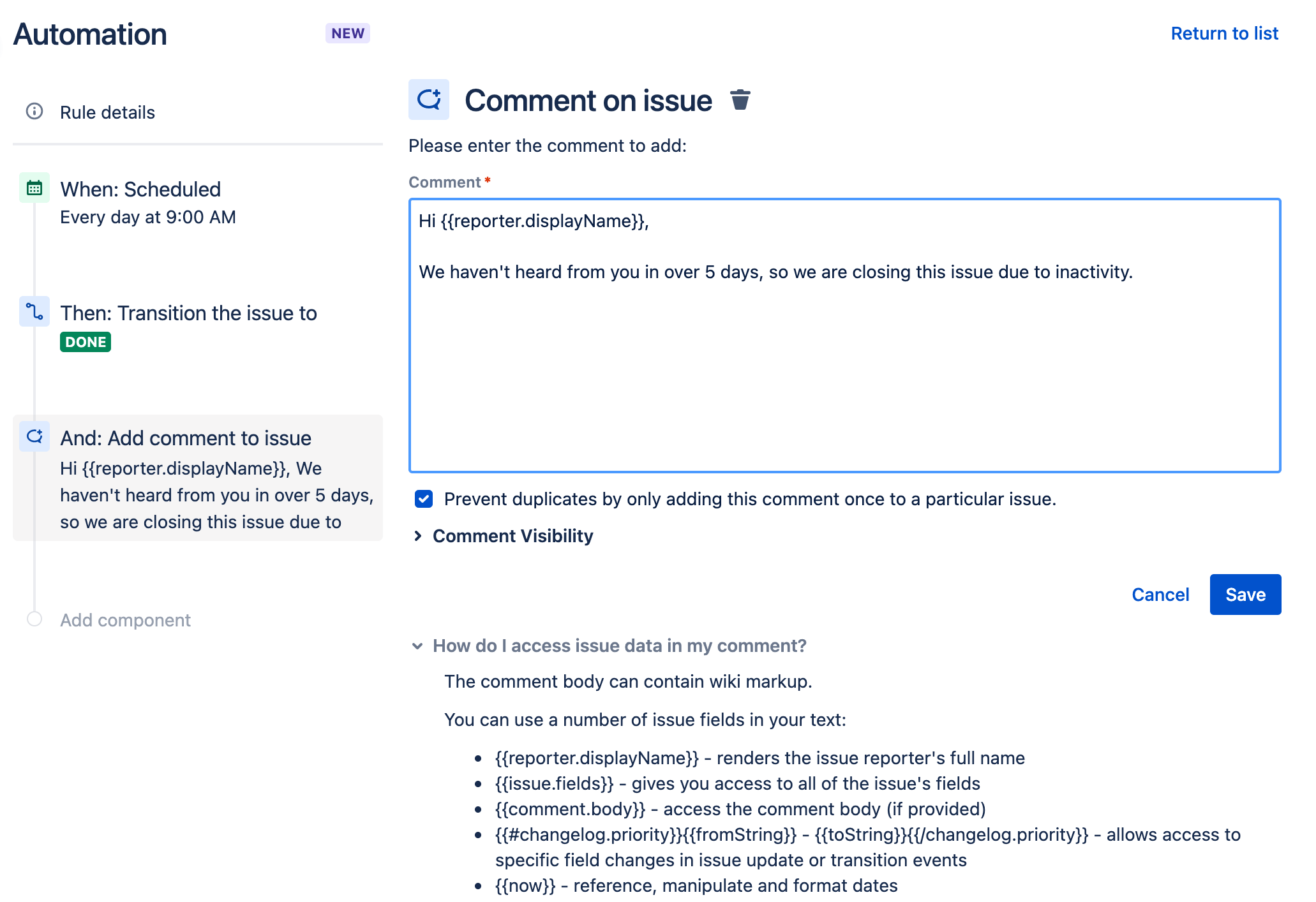 Automating adding comments to issues in Jira Service Management