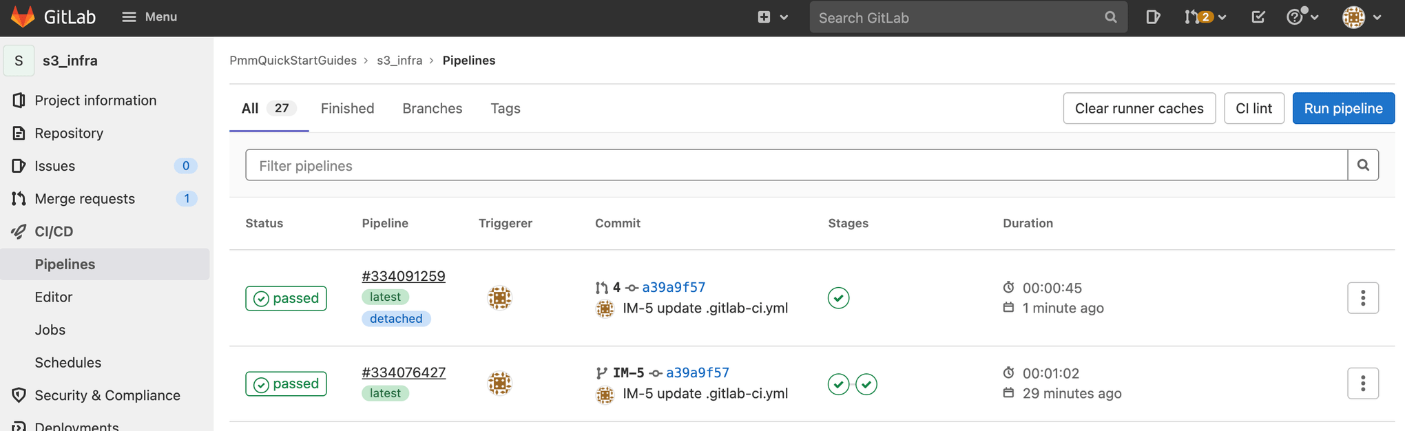 Navigating to the "pipelines" screen in Gitlab to see run merge requests