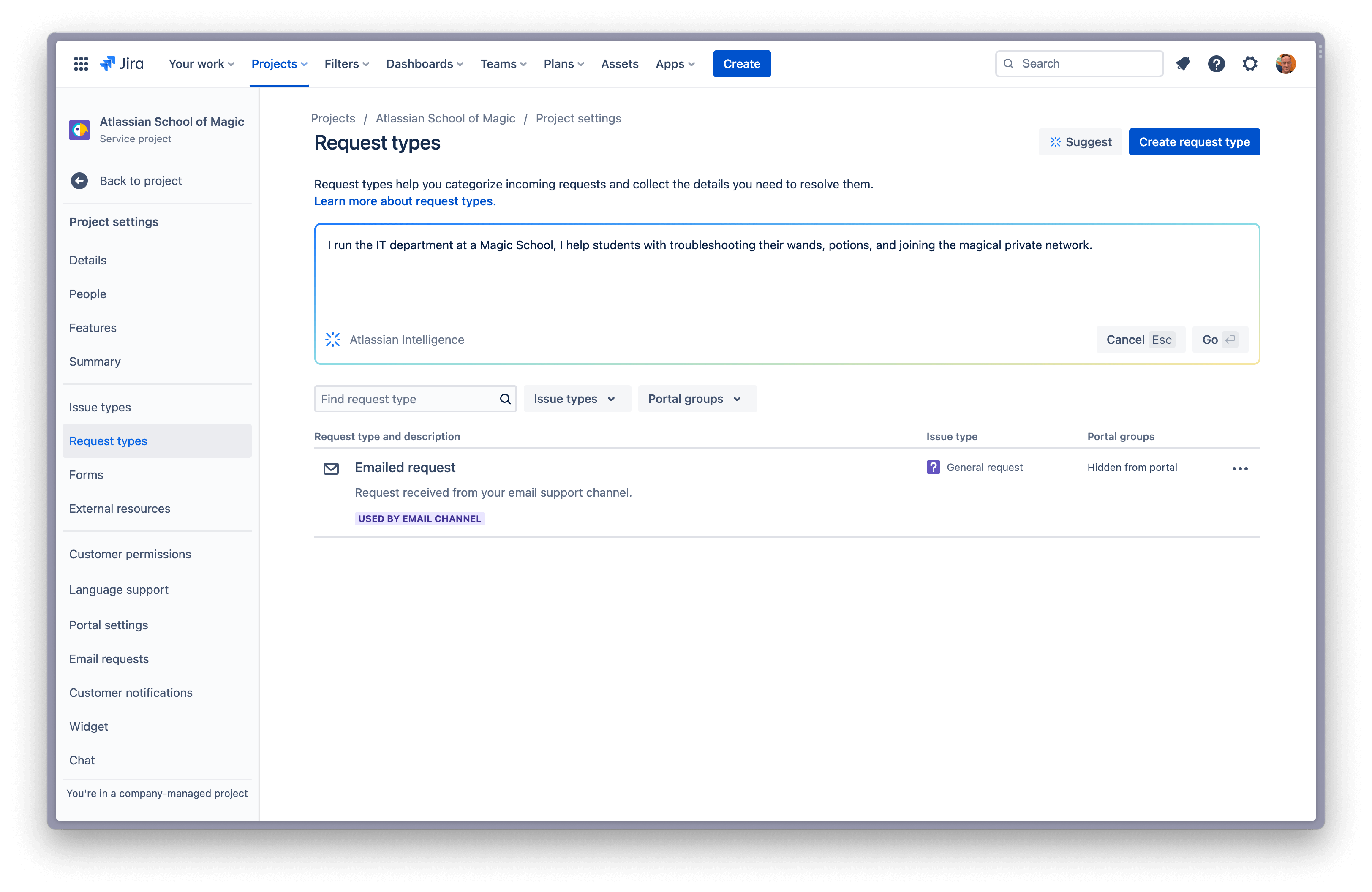 Selecting the "go" button for creating a request type with Atlassian Intelligence