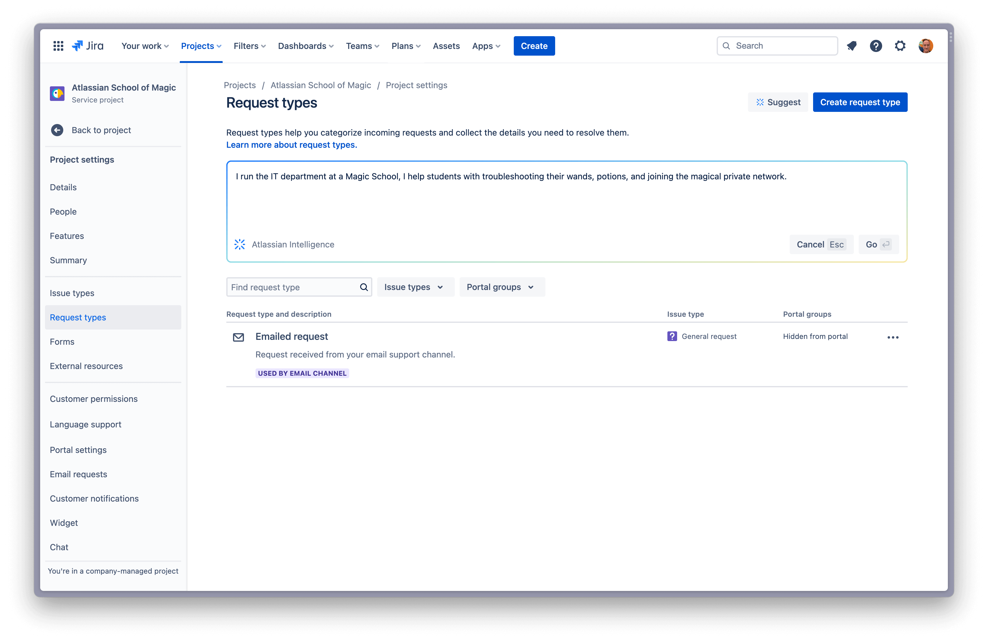 Selezione del pulsante «Vai» per creare un tipo di richiesta con Atlassian Intelligence