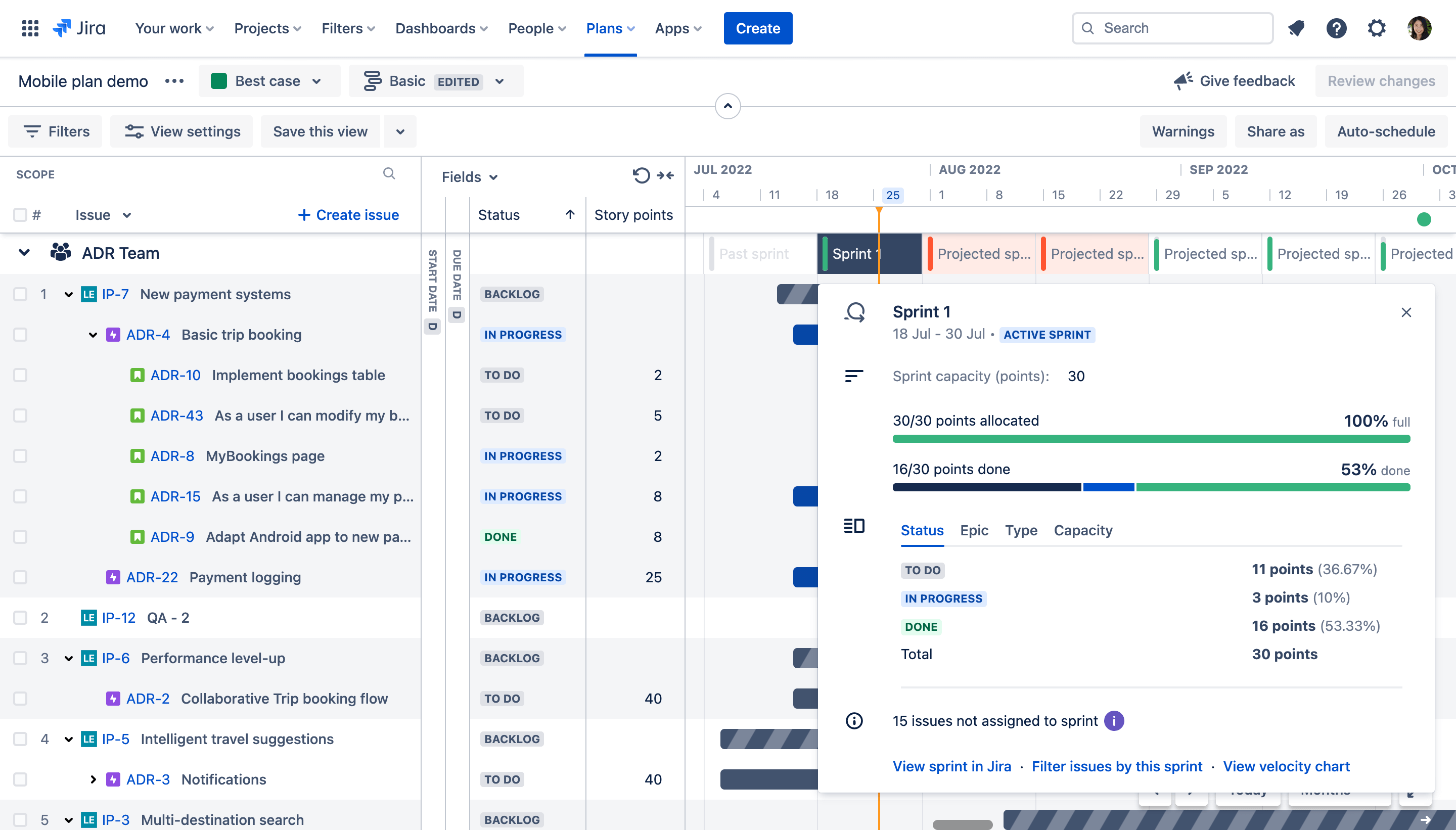 teams in advanced roadmaps