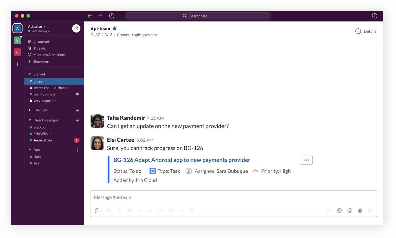 Preview of Jira Software Cloud issue in Slack message