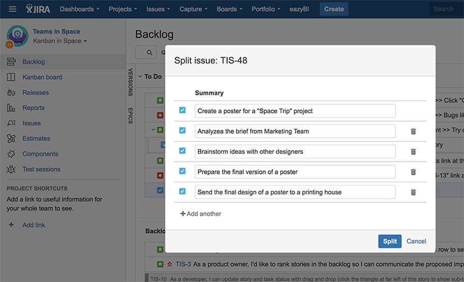Split-up issue pop-up that allows splitting issue into separate tasks
