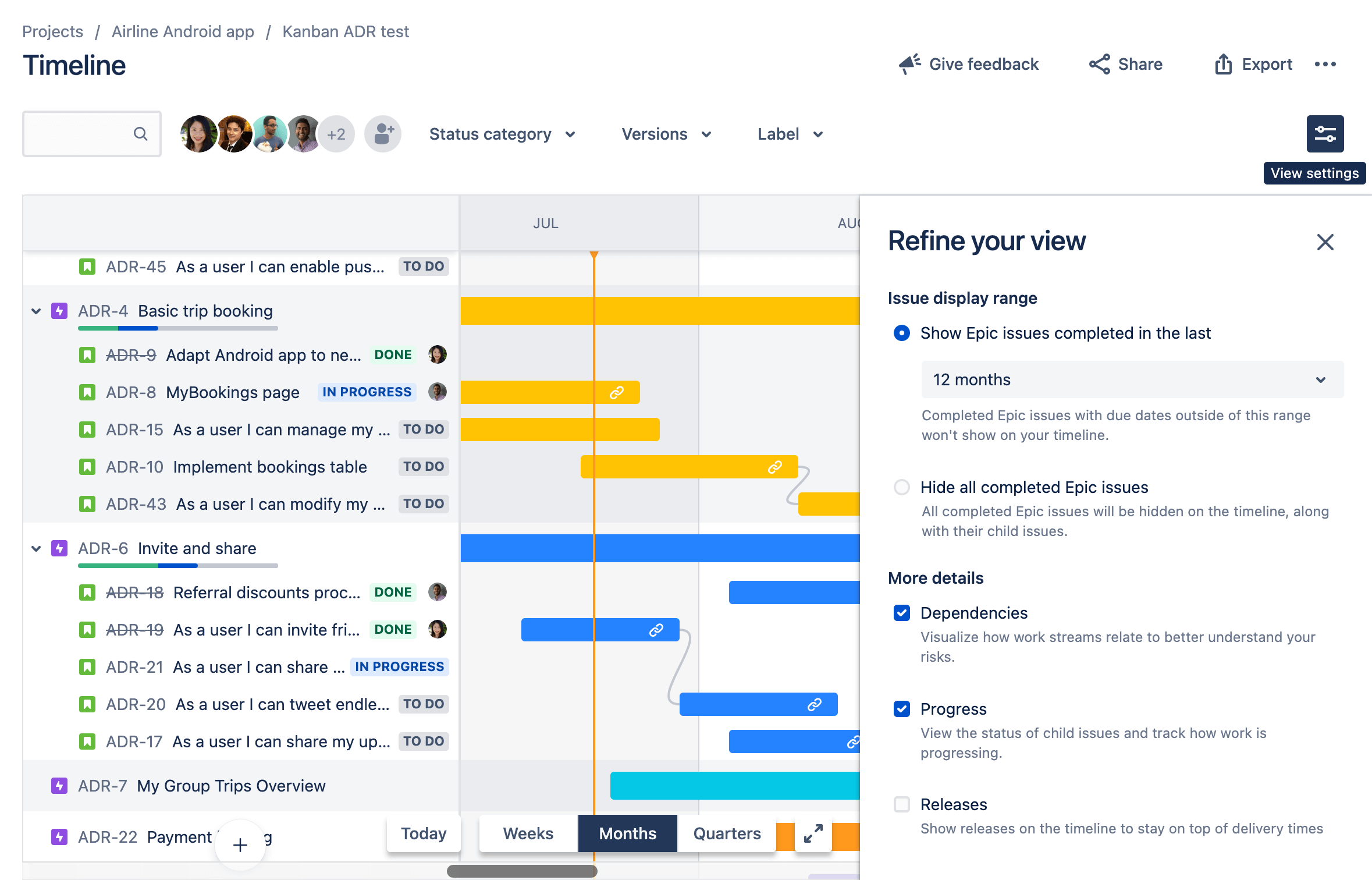 Dostosowywanie ustawień widoku osi czasu w Jira Software
