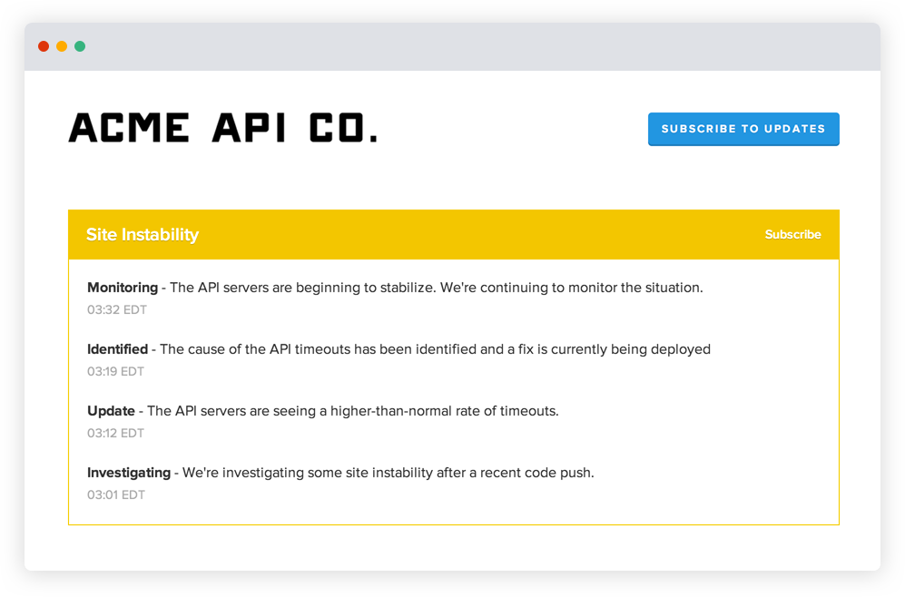 Capture d'écran de mises à jour de page