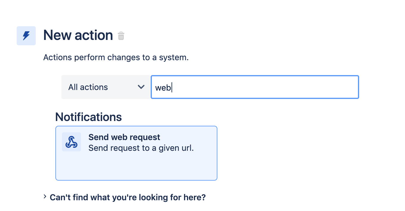 Neue Aktion. Wähle "Send web request" (Webanfrage senden) aus.