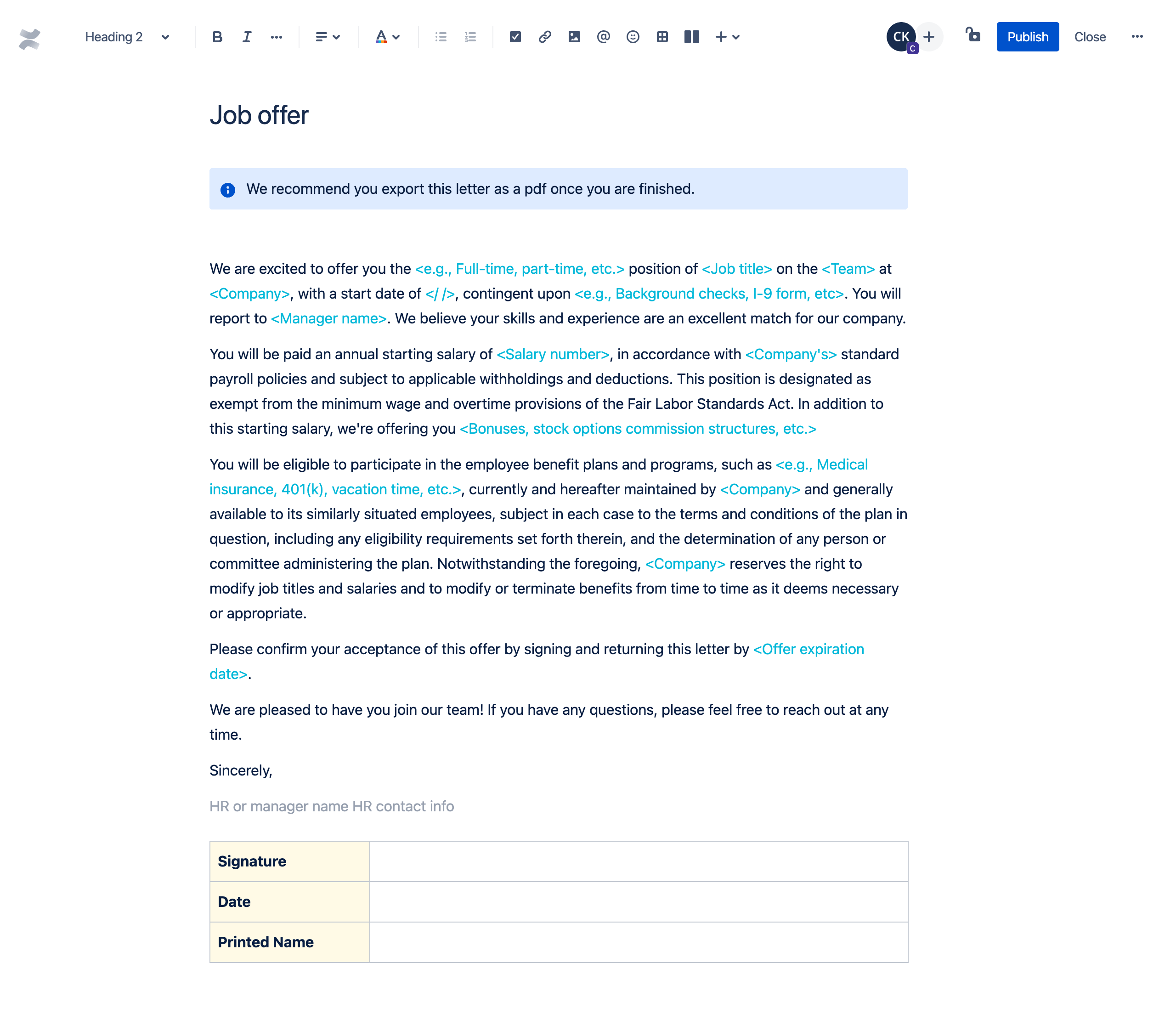 Plantilla de carta de oferta de trabajo Atlassian