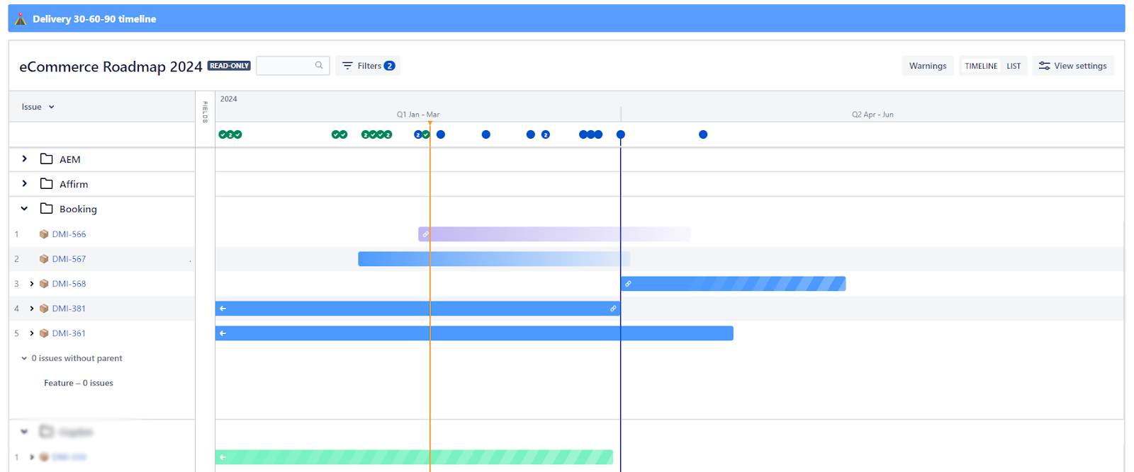 Jira Plans for 30, 60, and 90-day delivery views by value streams, previous month for reference, plus another Jira Plan for capacity planning