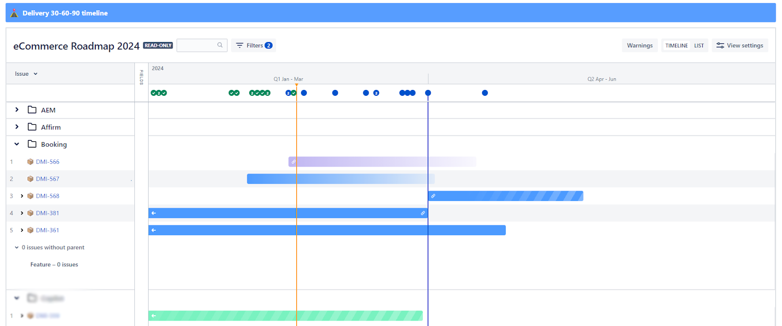 Jira-plannen voor leveringsweergaven van 30, 60 en 90 dagen per waardestroom (vorige maand ter referentie), plus nog een Jira-plan voor capaciteitsplanning