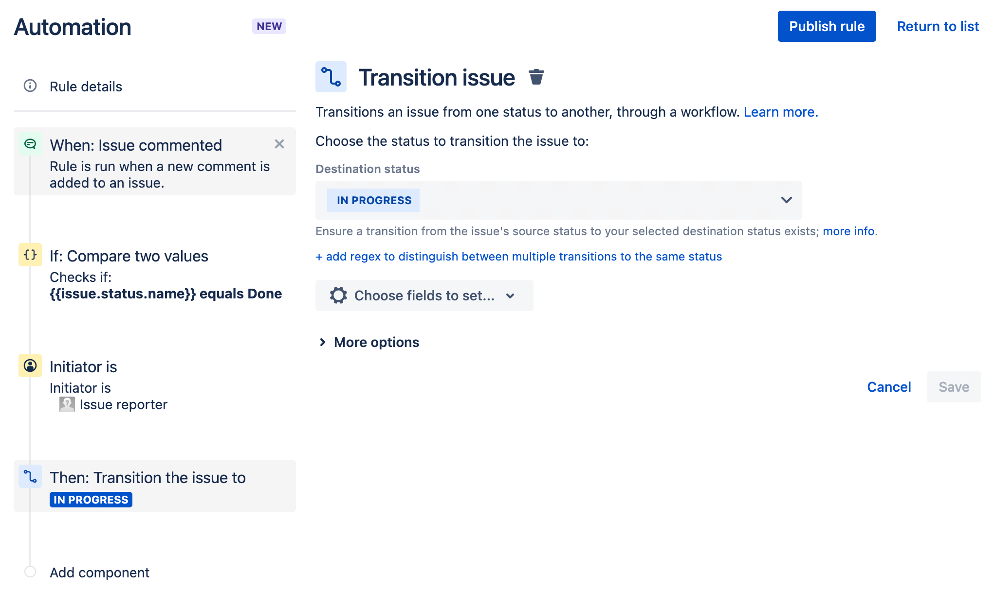 Transition issue from one status to another in Jira Service Management