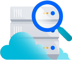 Data Center in clouds with magnify glass