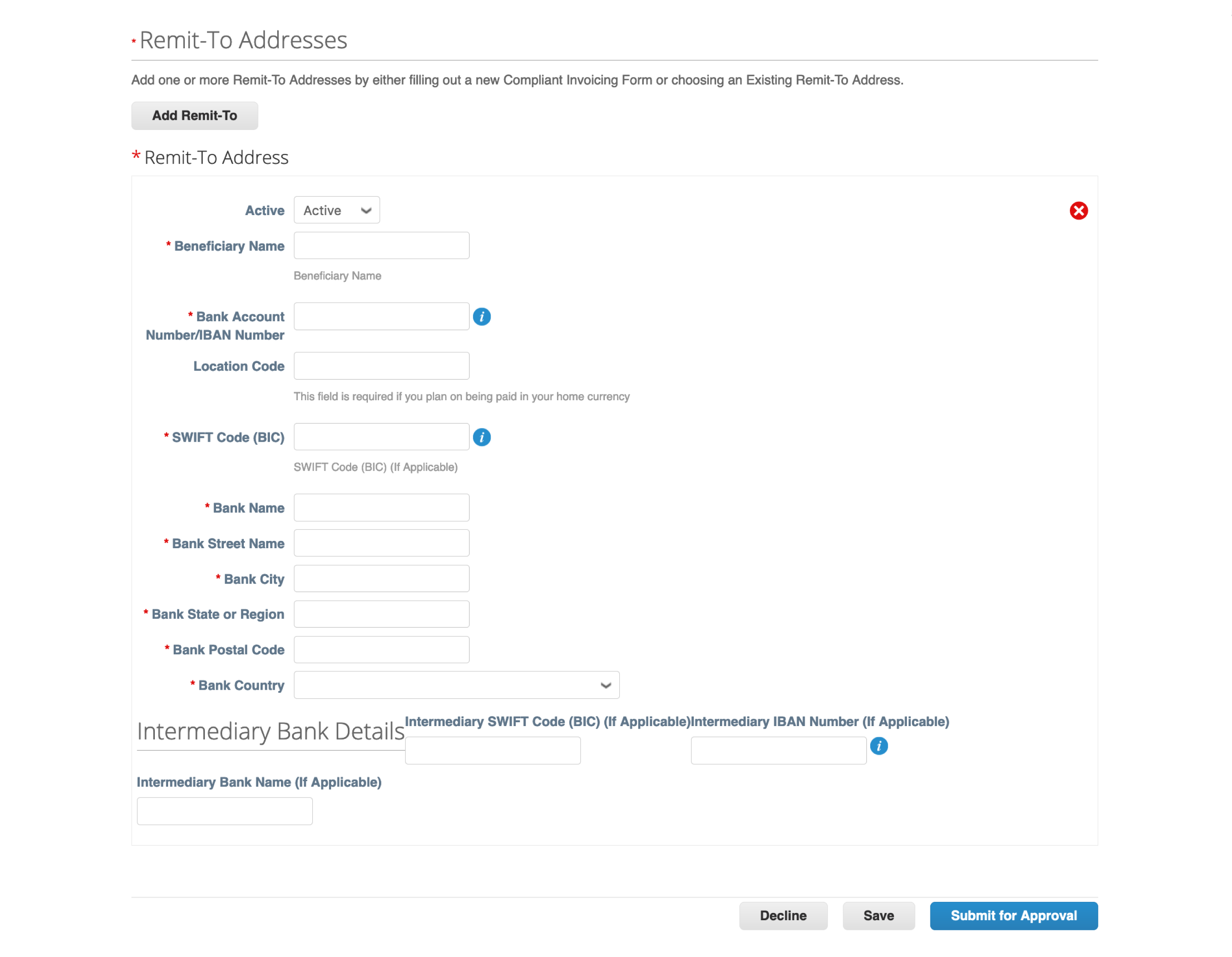 Generic Remit-To Address forms Coupa Supplier