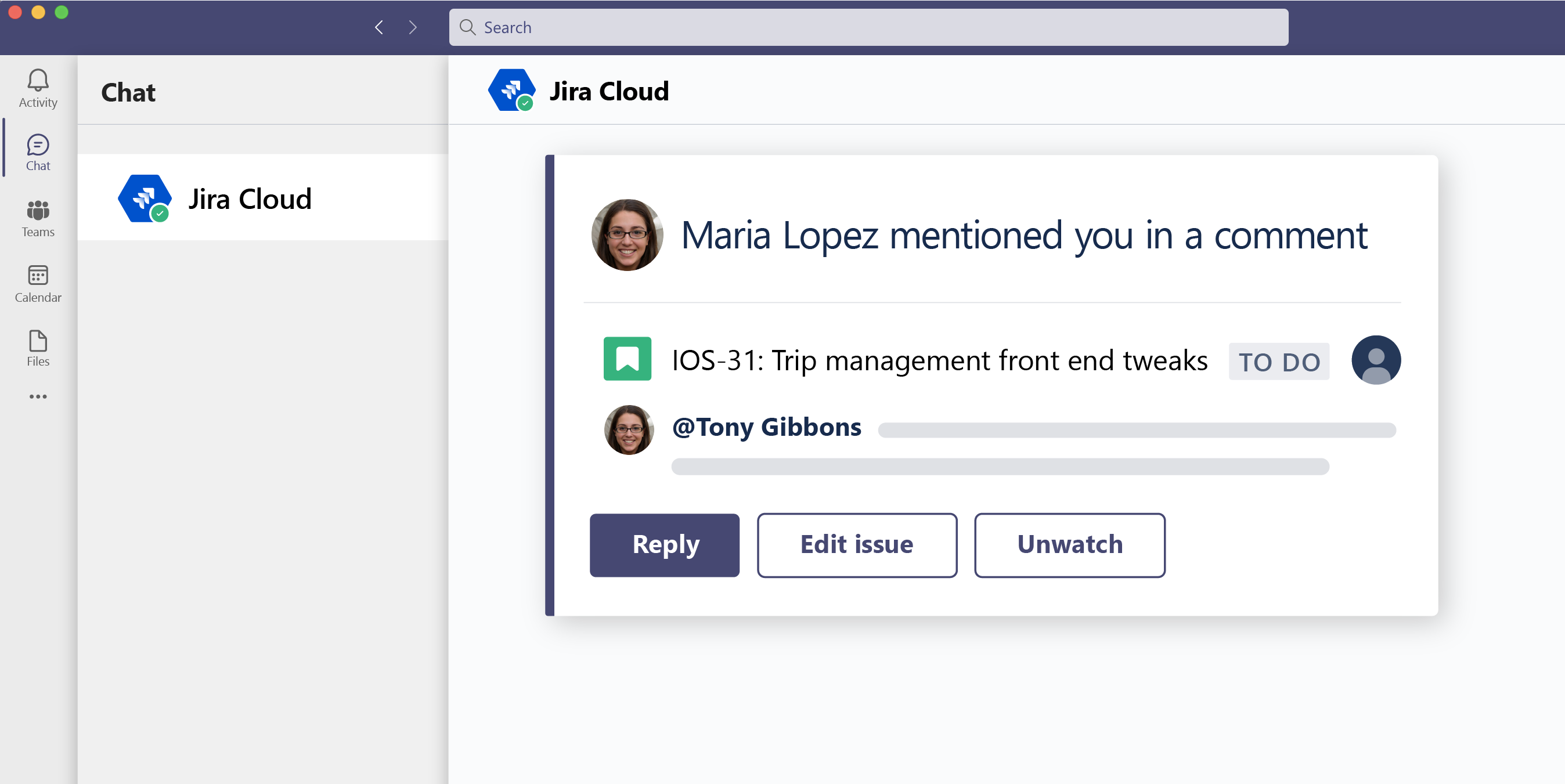 Jira Cloud for Microsoft Teams 集成的屏幕截图