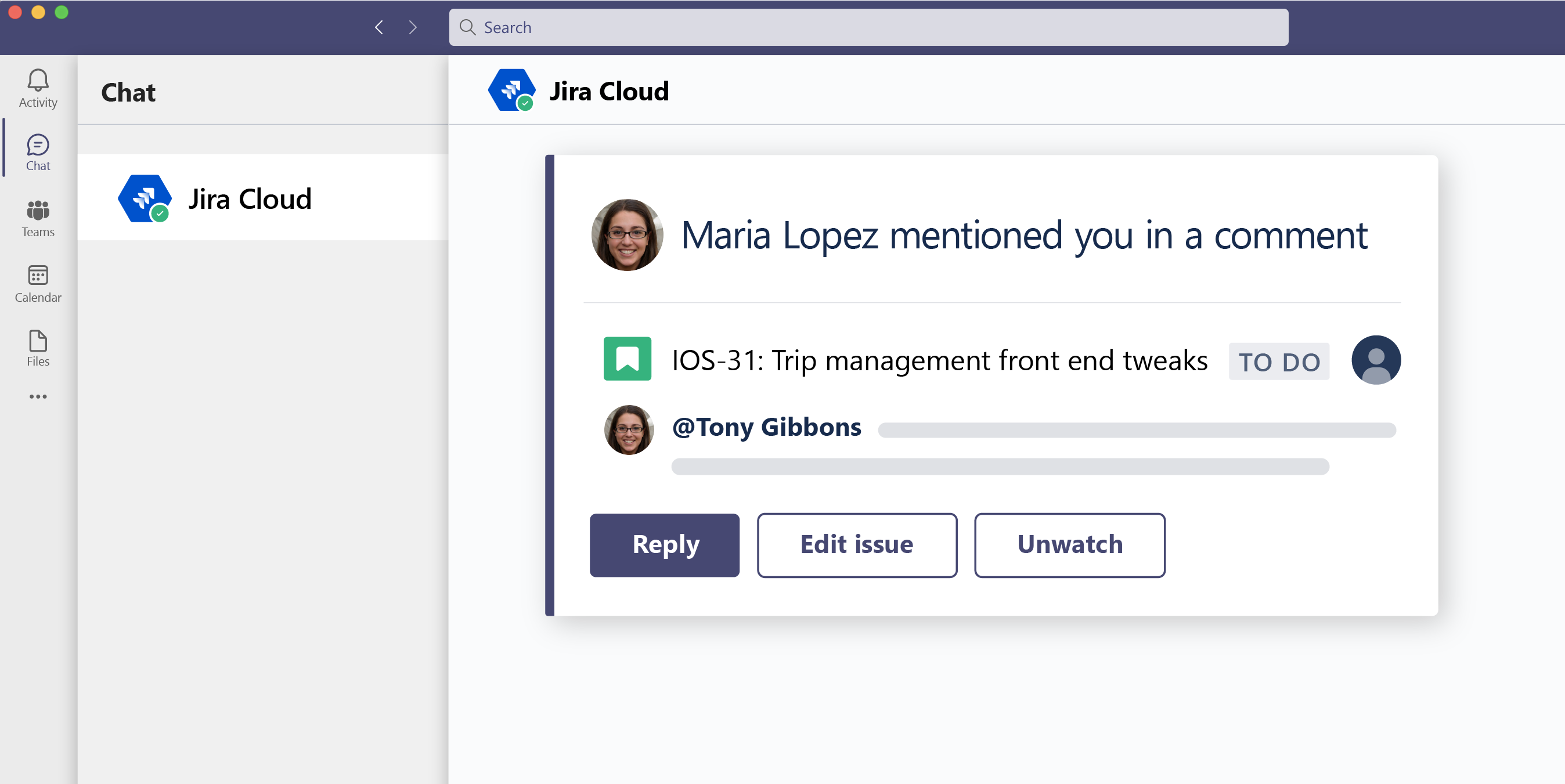 Captura de pantalla de la integración de Jira Cloud para Microsoft Teams