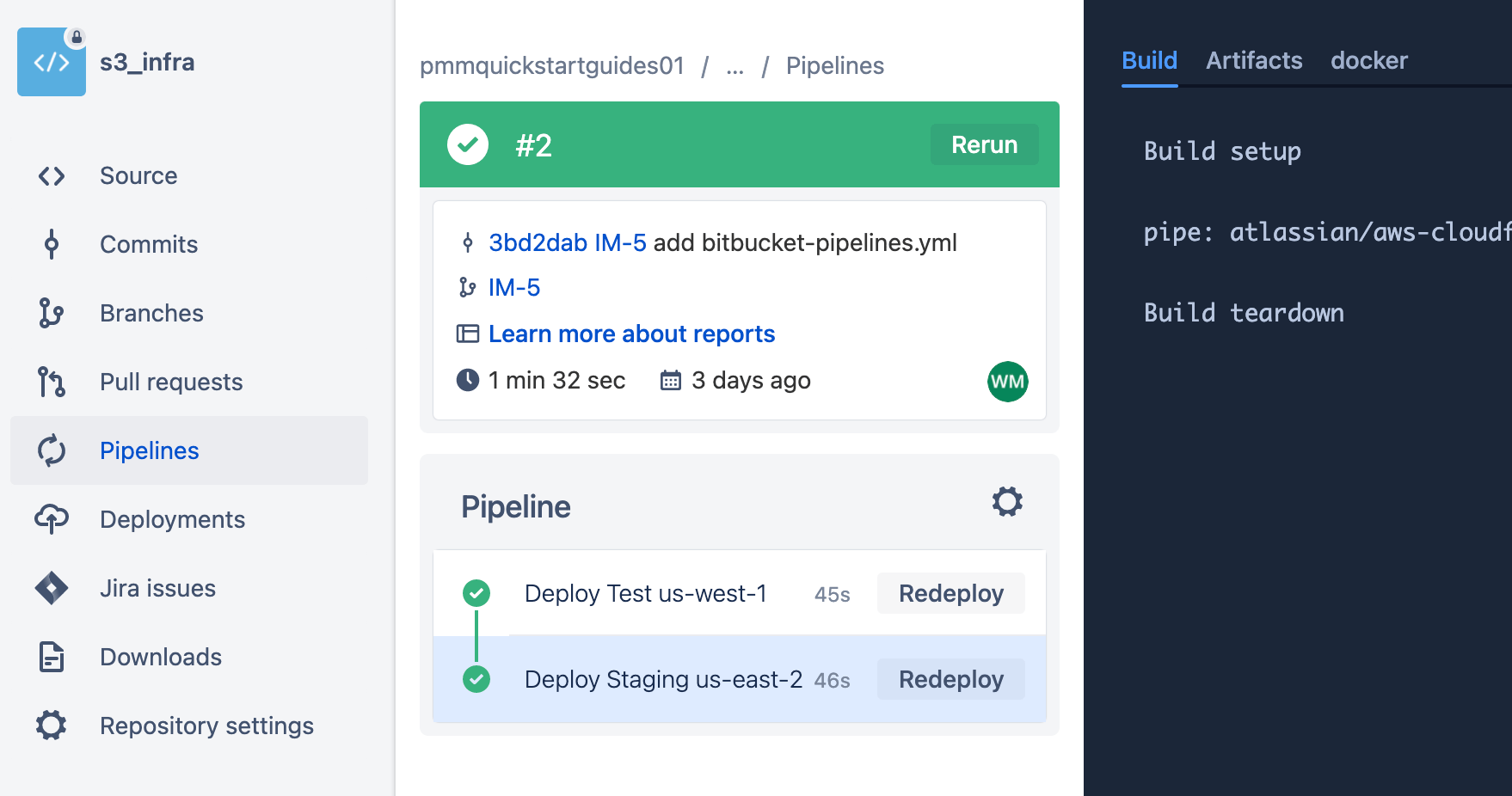 Dettagli sull'esecuzione delle pipeline in Bitbucket