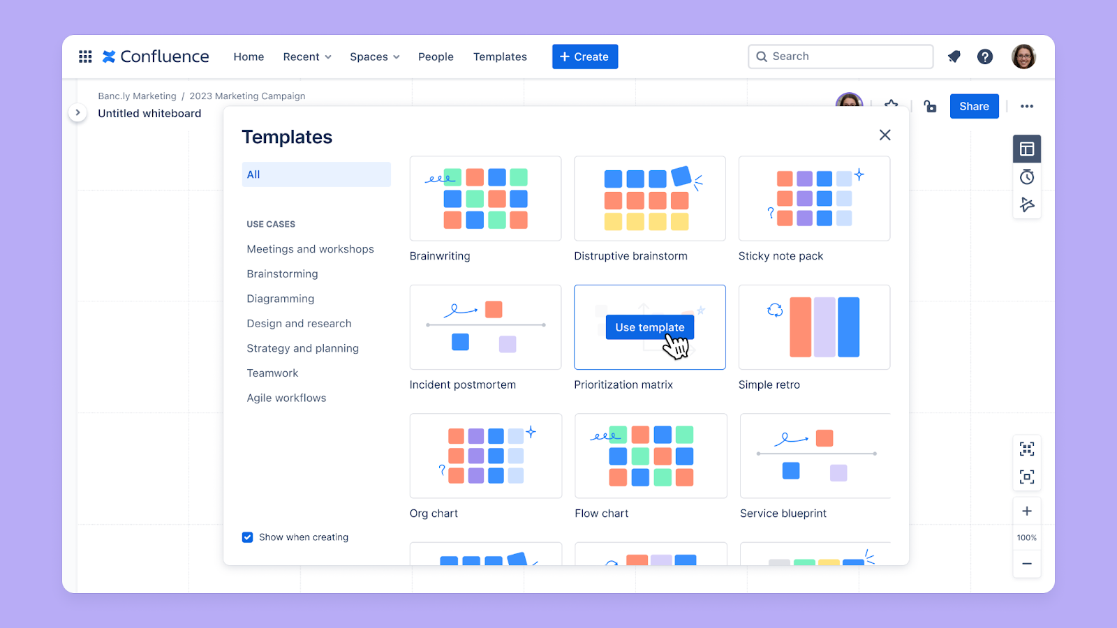 Captura de tela dos templates de quadro branco do Confluence.