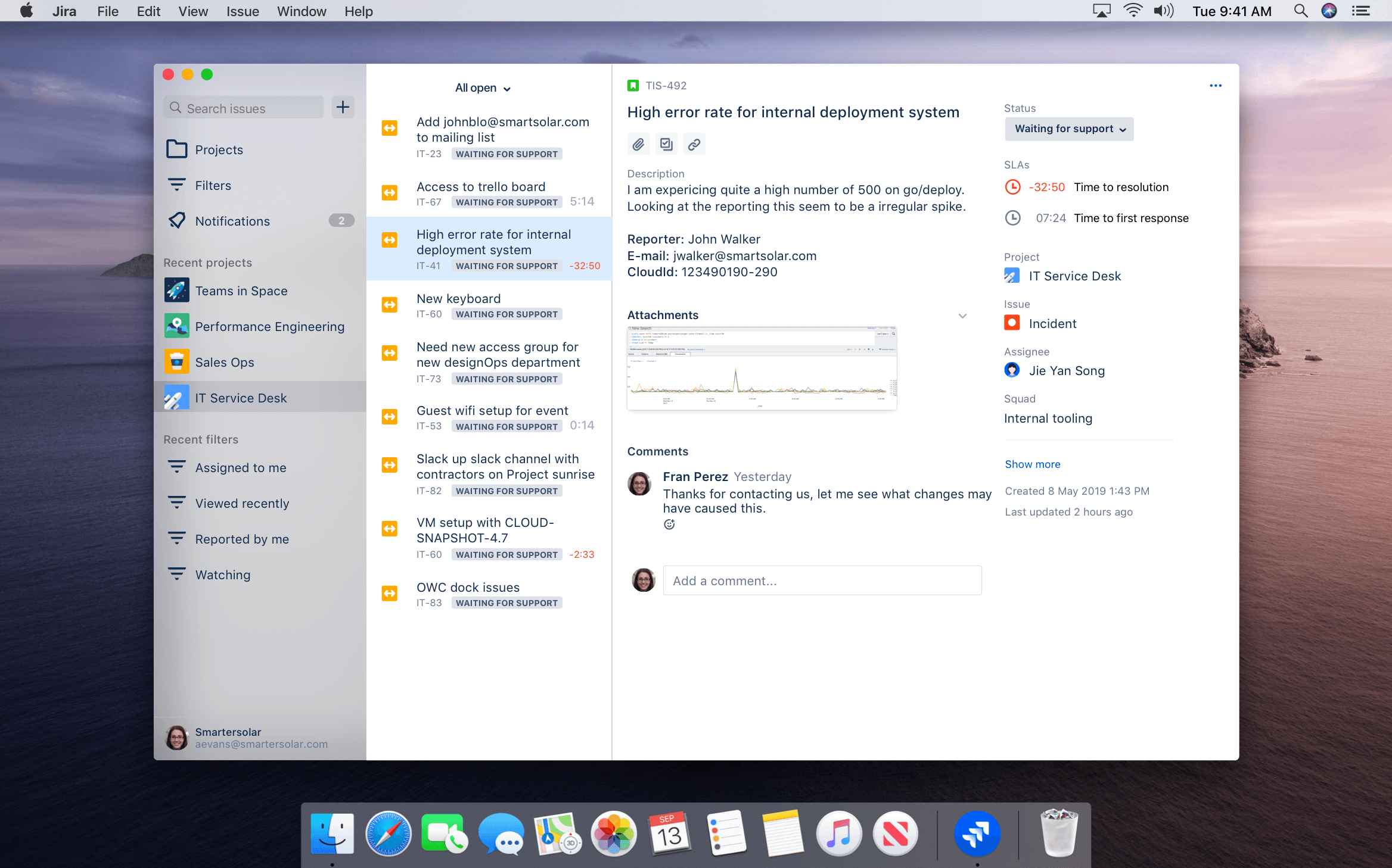 Capture d'écran de l'app Jira Service Desk pour Mac