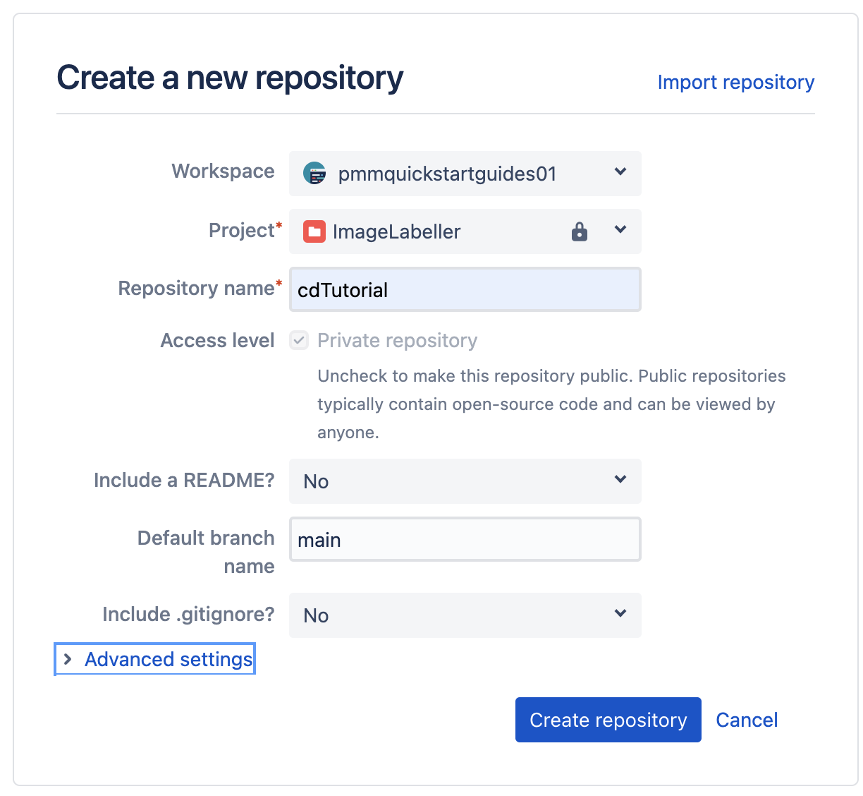 captura de tela da criação de um novo repositório no bitbucket