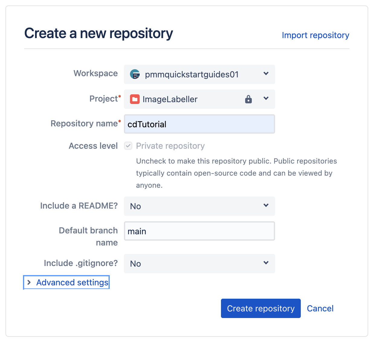 Capture d'écran de la création d'un dépôt dans Bitbucket