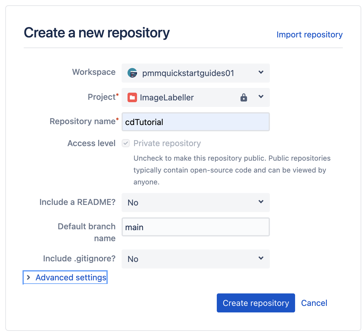 Captura de pantalla de la creación de un nuevo repositorio en Bitbucket