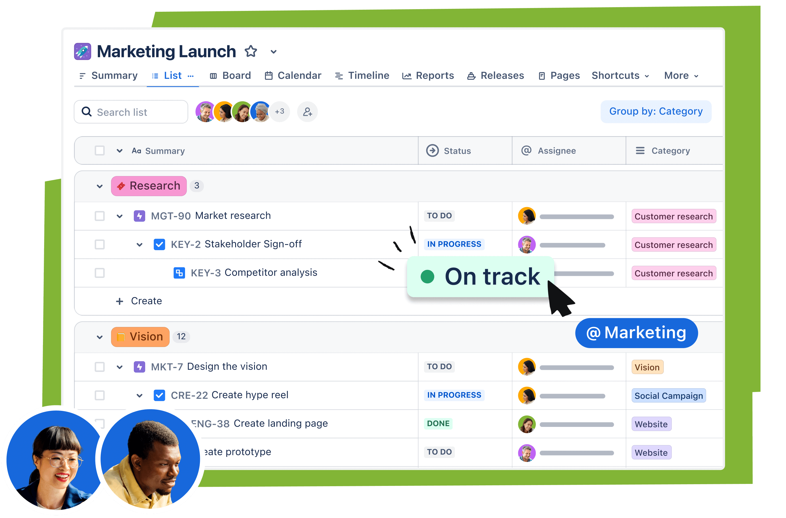 Captura de tela do produto Jira mostrando um projeto de lançamento de marketing em uma visualização lista com tarefas pendentes de marketing.