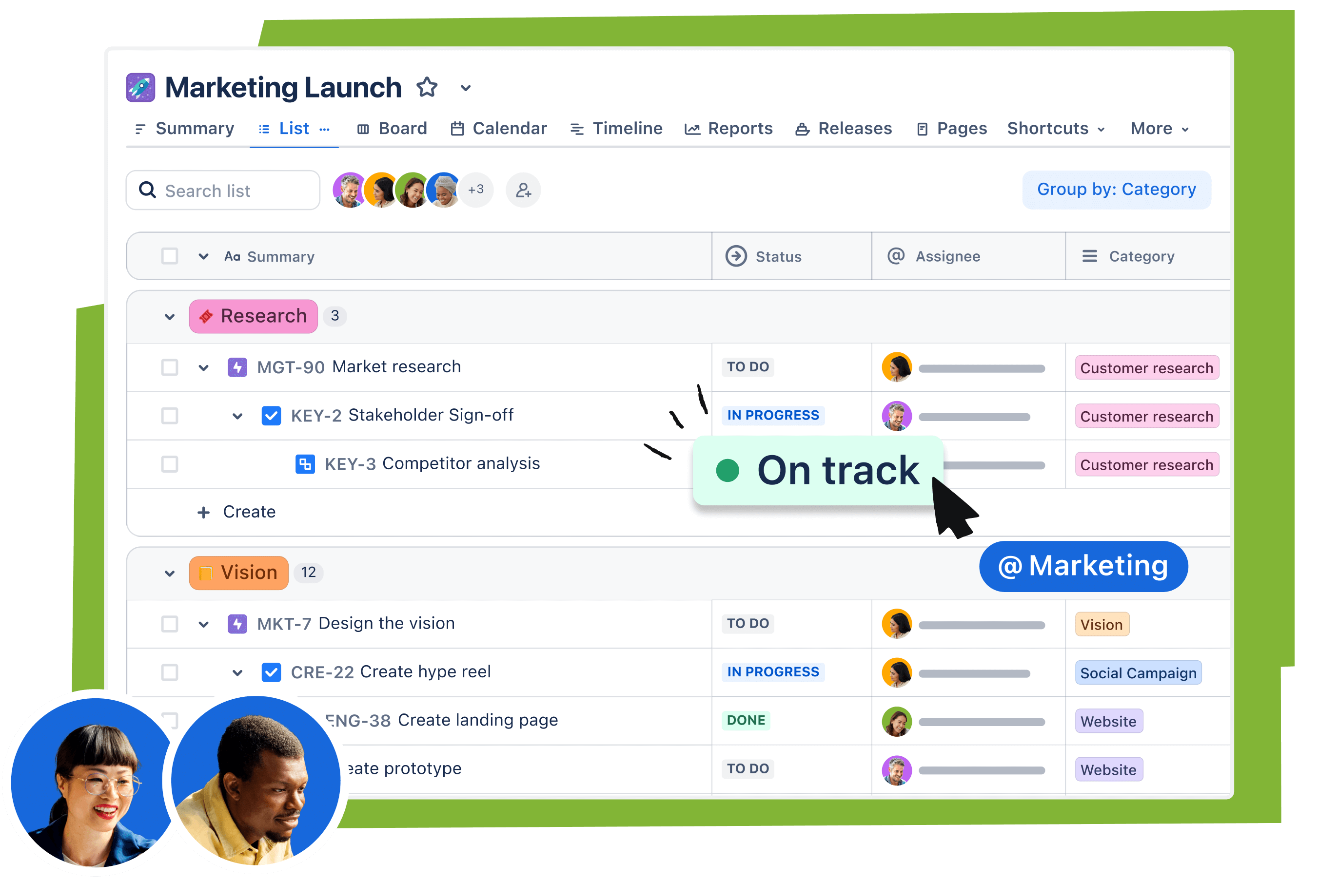 Product screenshot Jira showing a Marketing Launch project in a list view with marketing-related to-do tasks.