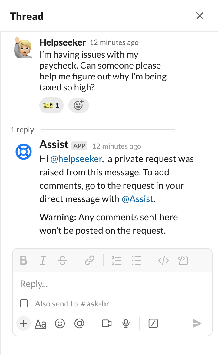 在 Slack 中使用 Atlassian Assist 提出私密请求的屏幕截图