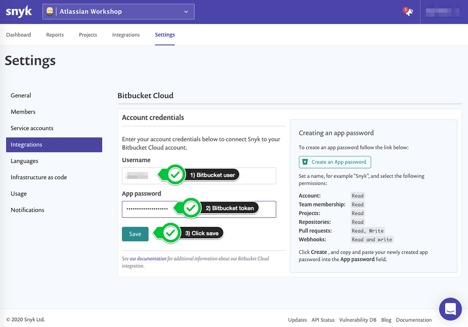 Settings: integrations window