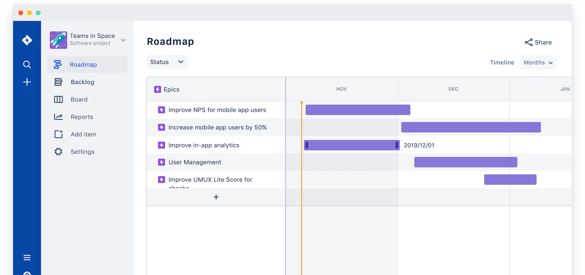 Screenshot of a Jira roadmap