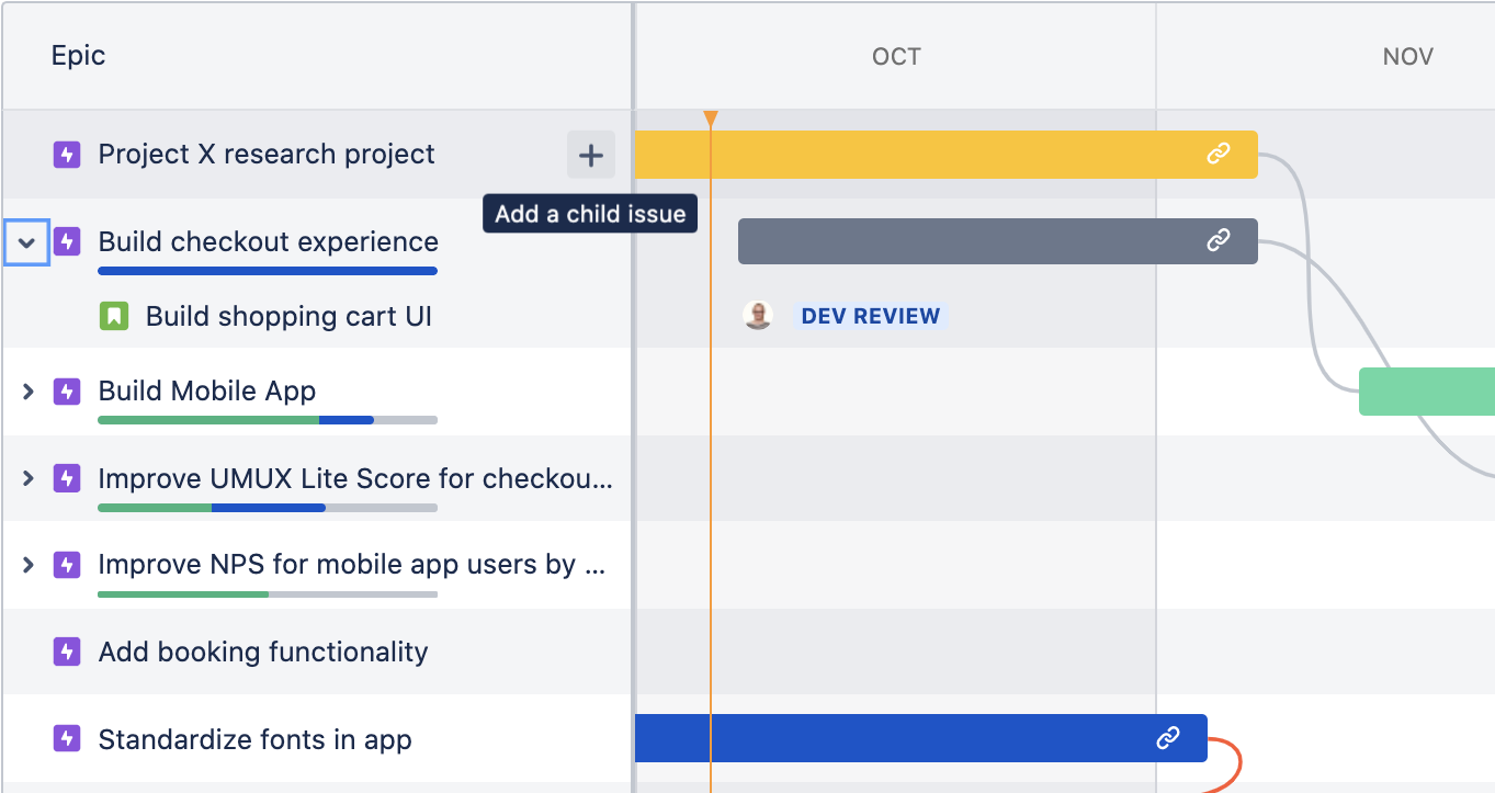 Adding child issues to an epic in the timeline view in Jira Software