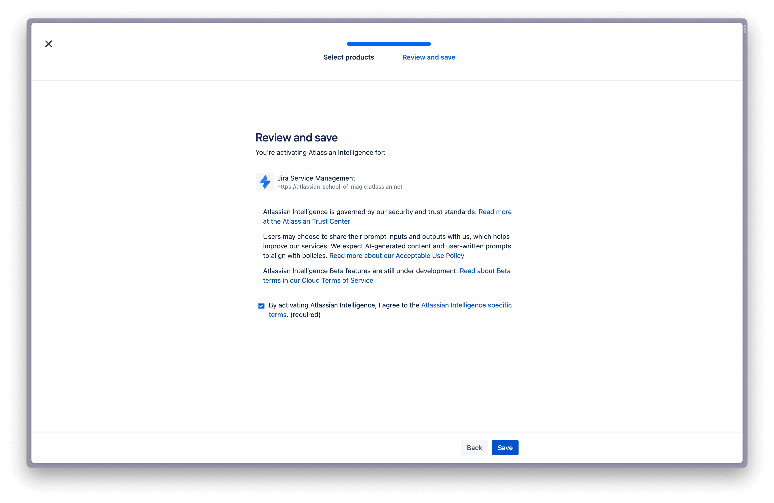 Reviewing and accepting Atlassian Intelligence terms page