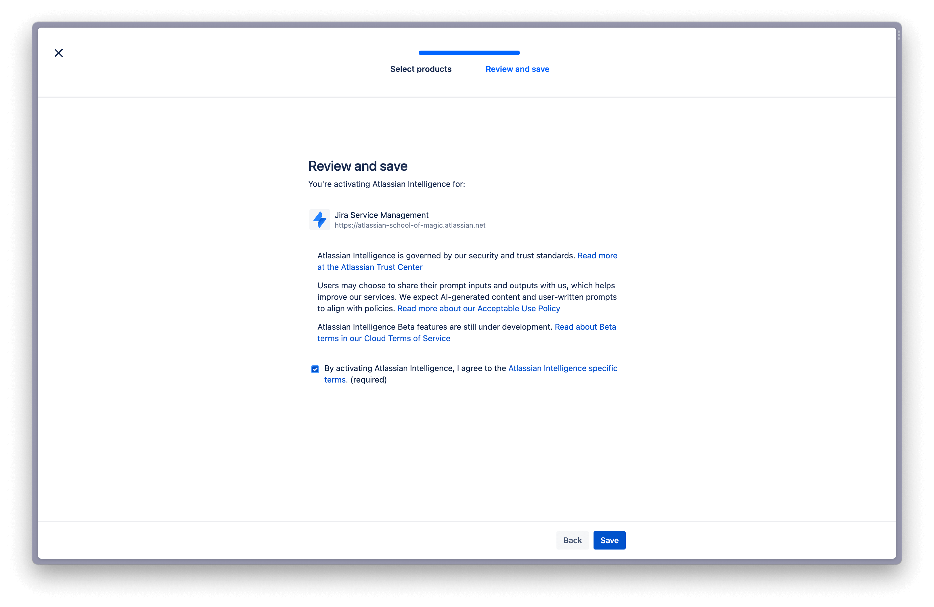 查看并接受 Atlassian Intelligence 条款页面