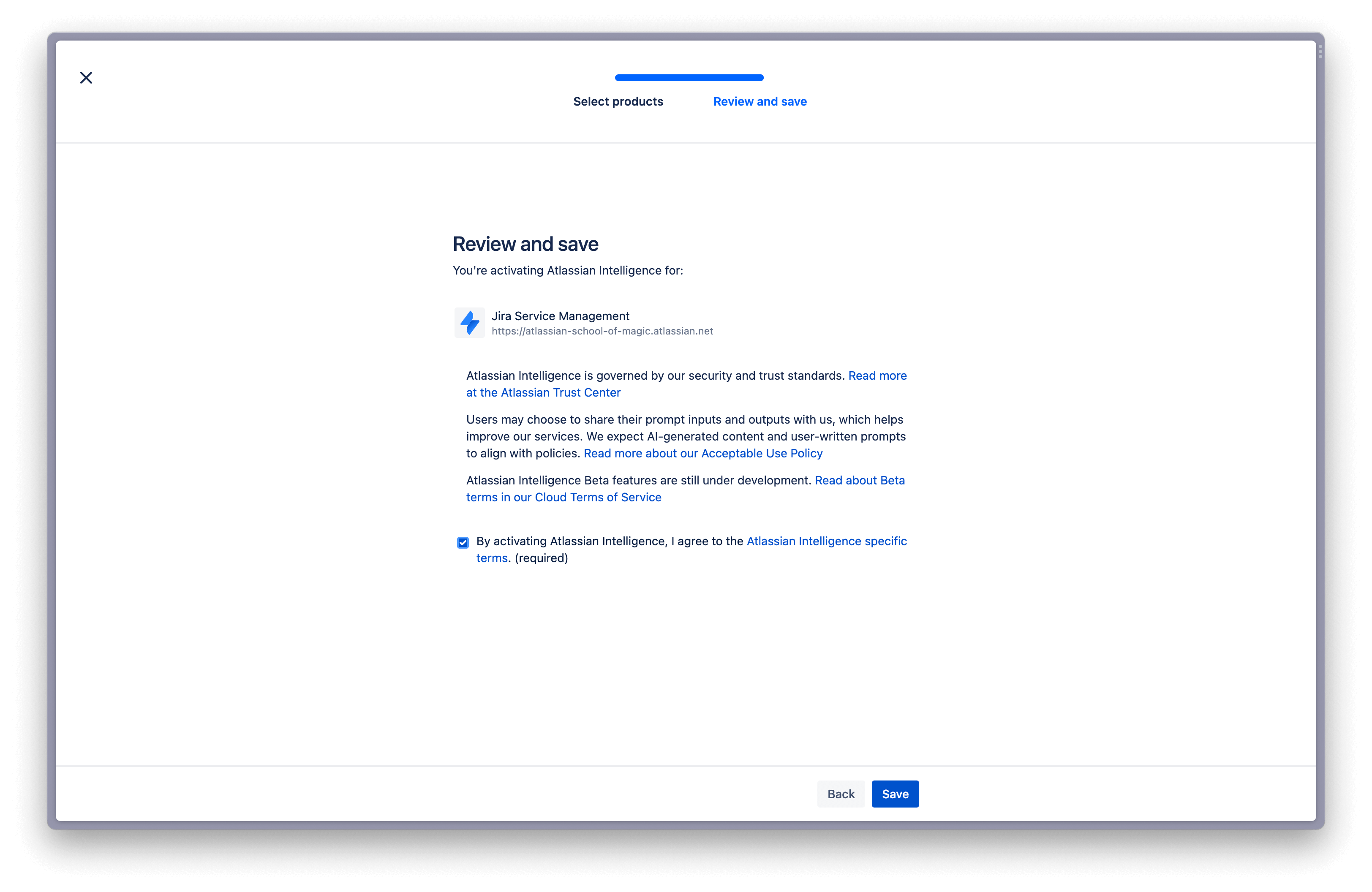Seite zum Lesen und Akzeptieren der Nutzungsbedingungen für Atlassian Intelligence