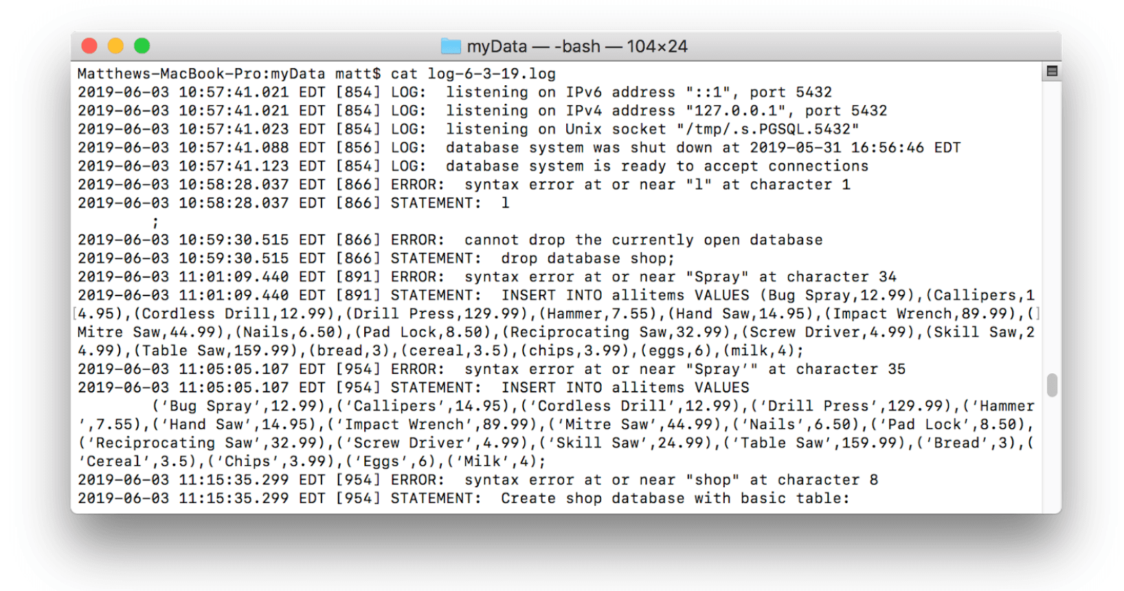 shows the contents of a sample log file.