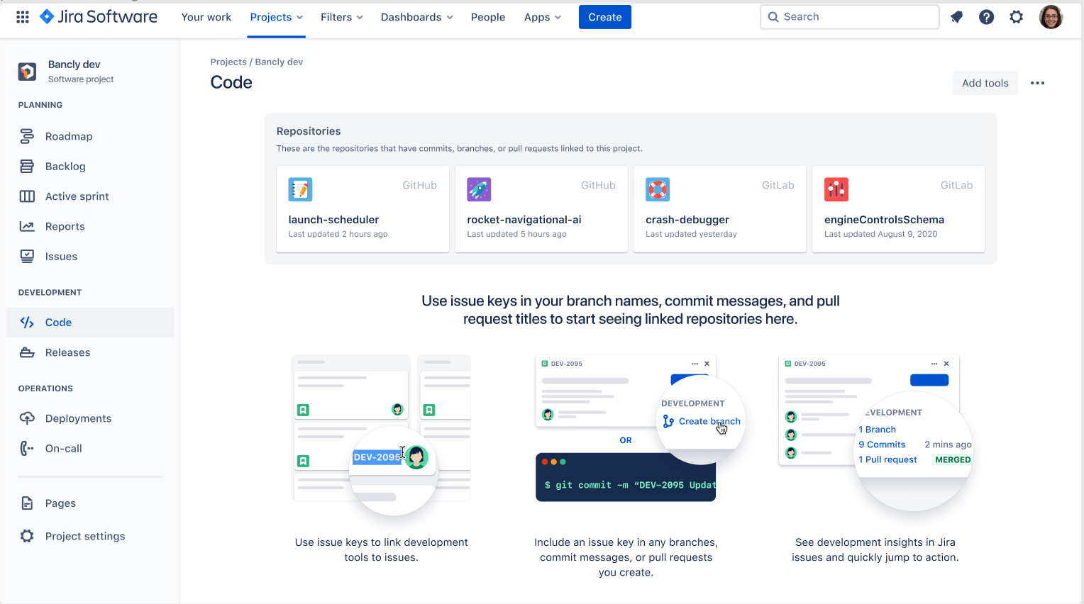 View linked repositories with Code in Jira view