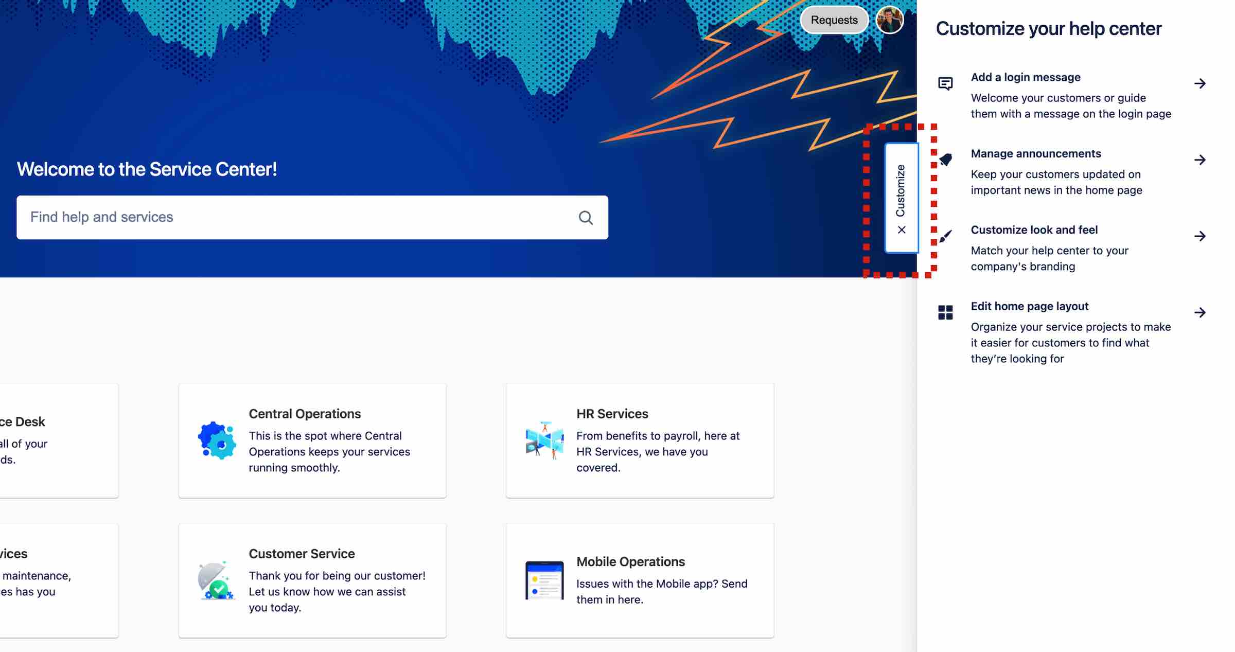 Opcja dostosowywania dostępna w centrum pomocy Jira Service Management