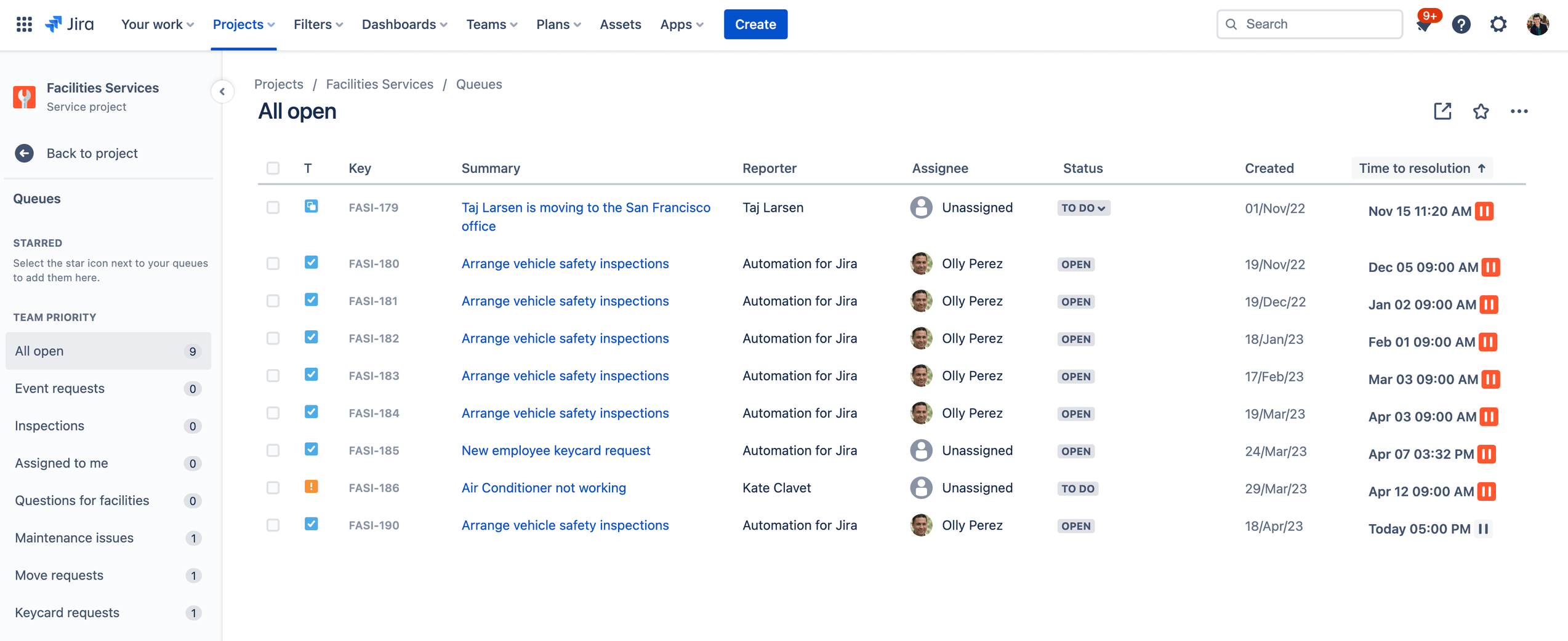 Capture d'écran des files d'attente dans Jira Service Management