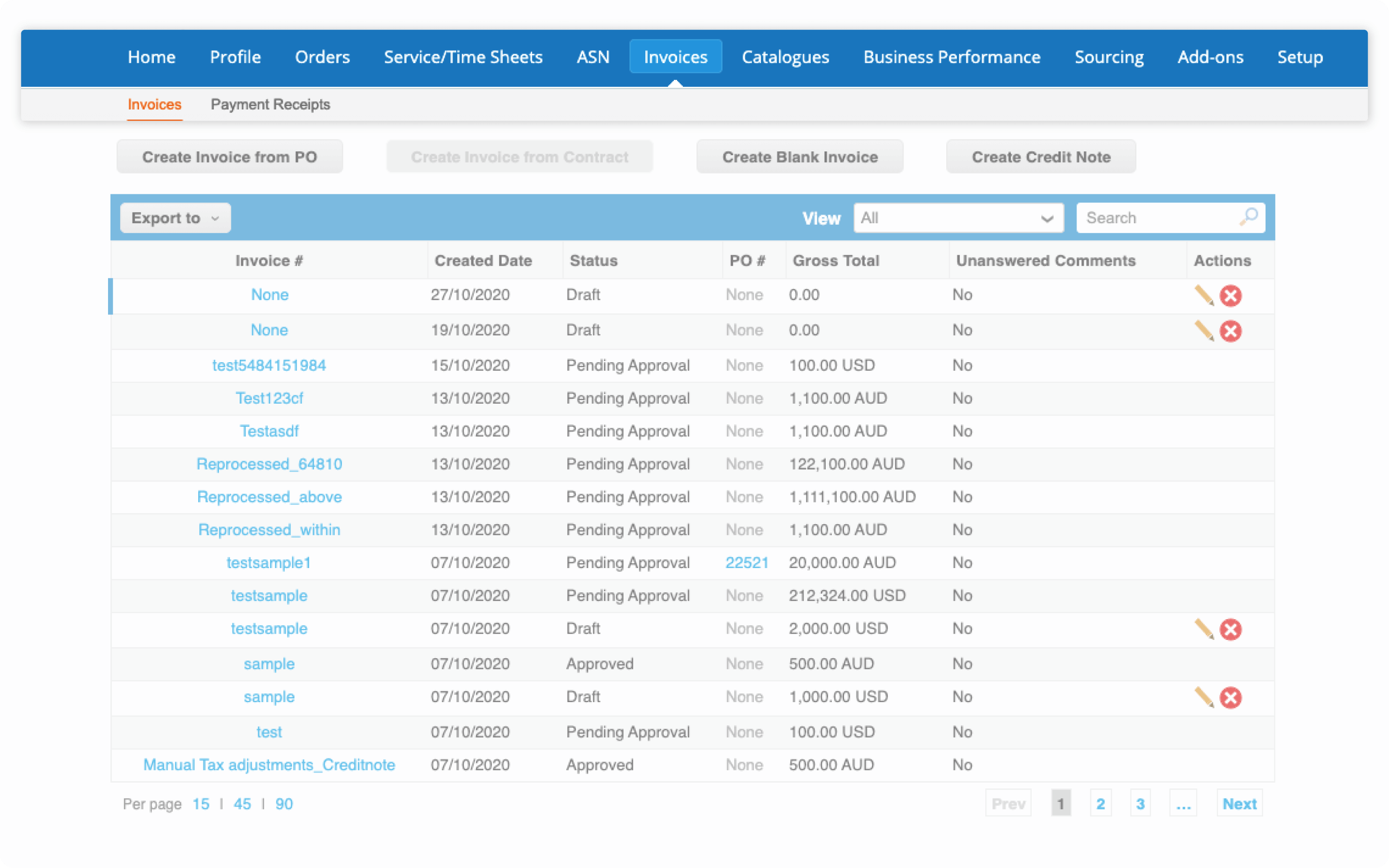 In case supplier wants to check their invoice status, just go to Invoices tab and search the invoice number in the search tab