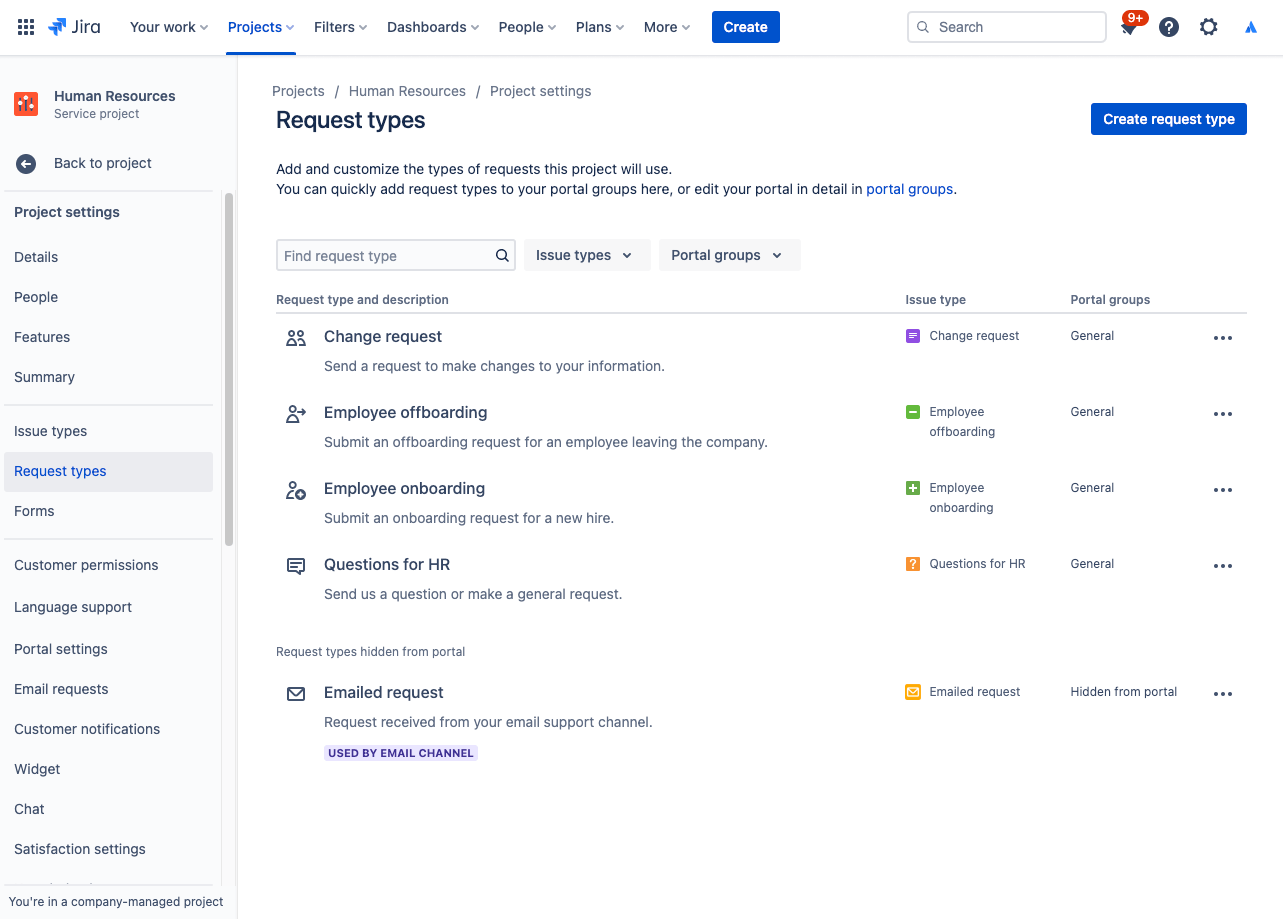 screenshot dell'aggiunta o della personalizzazione dei tipi di richieste in un progetto del servizio