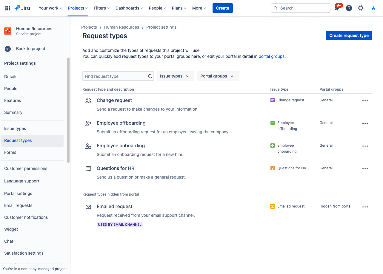 Capture d'écran de l'ajout ou de la personnalisation de types de demandes dans un projet de services