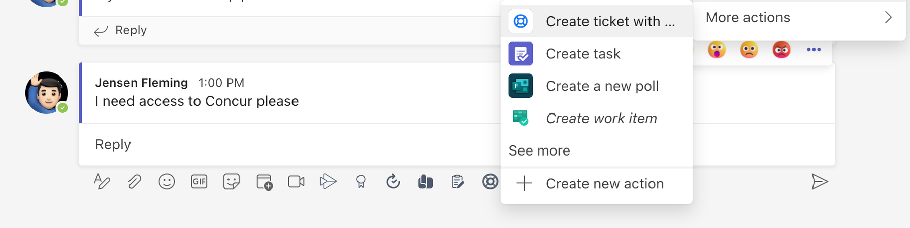 Использование действия с сообщением для создания заявки в канале запросов в Microsoft Teams