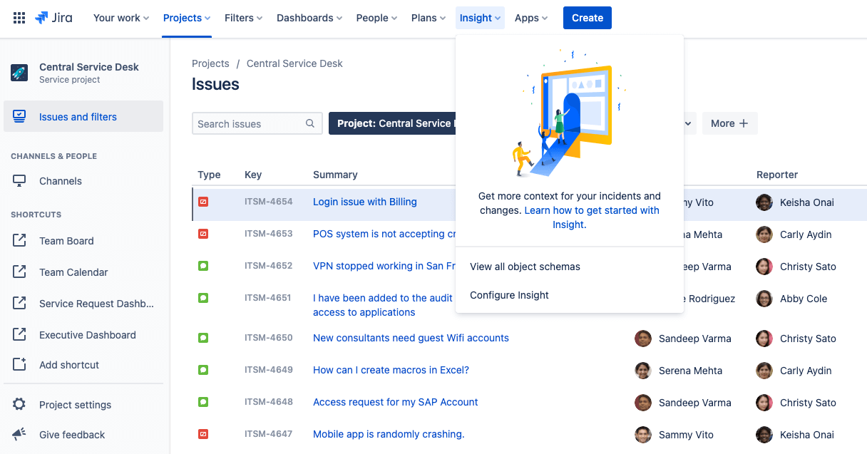 Jira Service Management Premium または Enterprise のトップ メニューから Insight にアクセスする