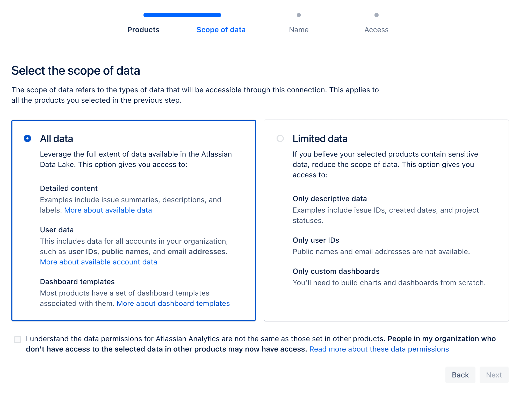 A screenshot shows how users can select all data or limited data from Atlassian Data Lake when connecting to Atlassian Analytics.