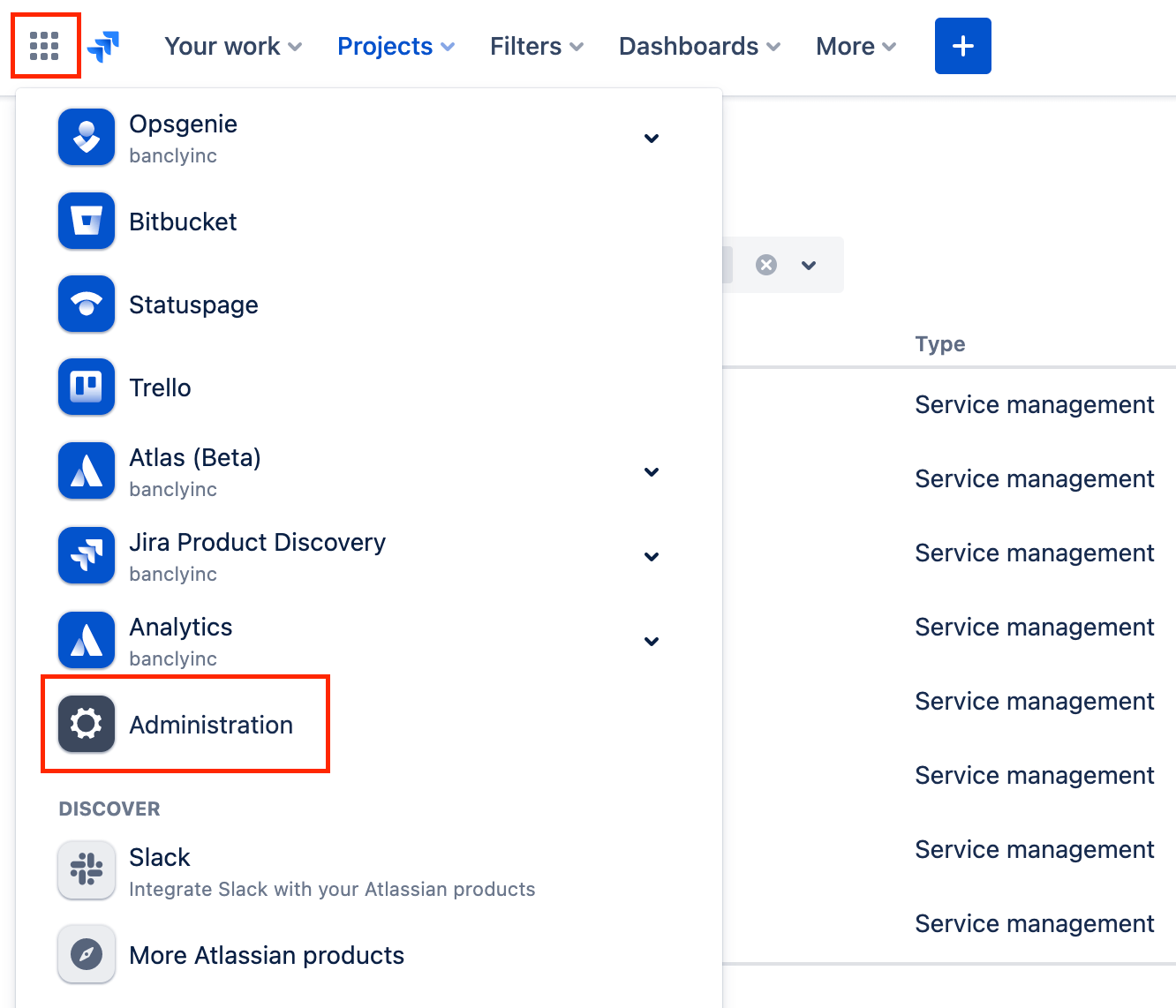 Usando o seletor de menus em seu site Atlassian Cloud para adicionar o Jira Service Management
