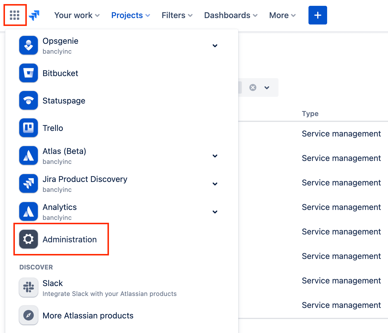 Utilizar el selector del menú en un sitio de Atlassian Cloud para añadir Jira Service Management